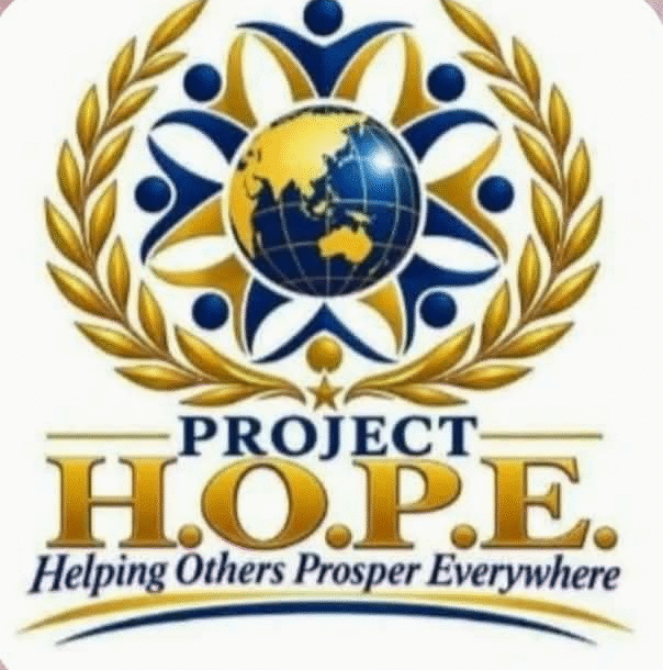 Project H.O.P.E. emblem: a gold laurel wreath around a navy globe, ringed by gold-and-navy human figures, above the serif words Project H.O.P.E.